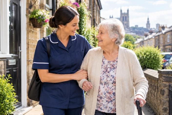 Carer being welcomed at the front door by an elderly woman at the start of a Private Home Care for the Elderly visit in Leeds