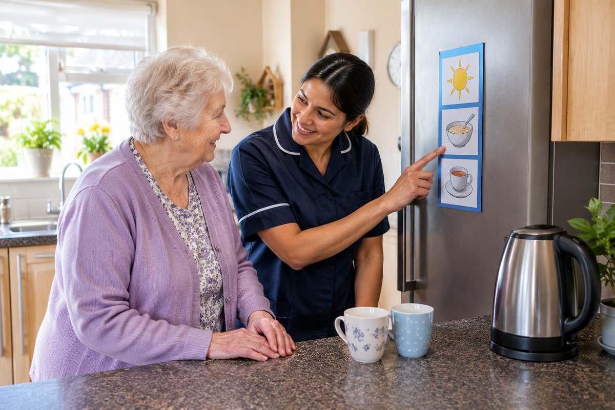 Carer and older woman looking at a picture routine board on the fridge to support a daily routine at home
