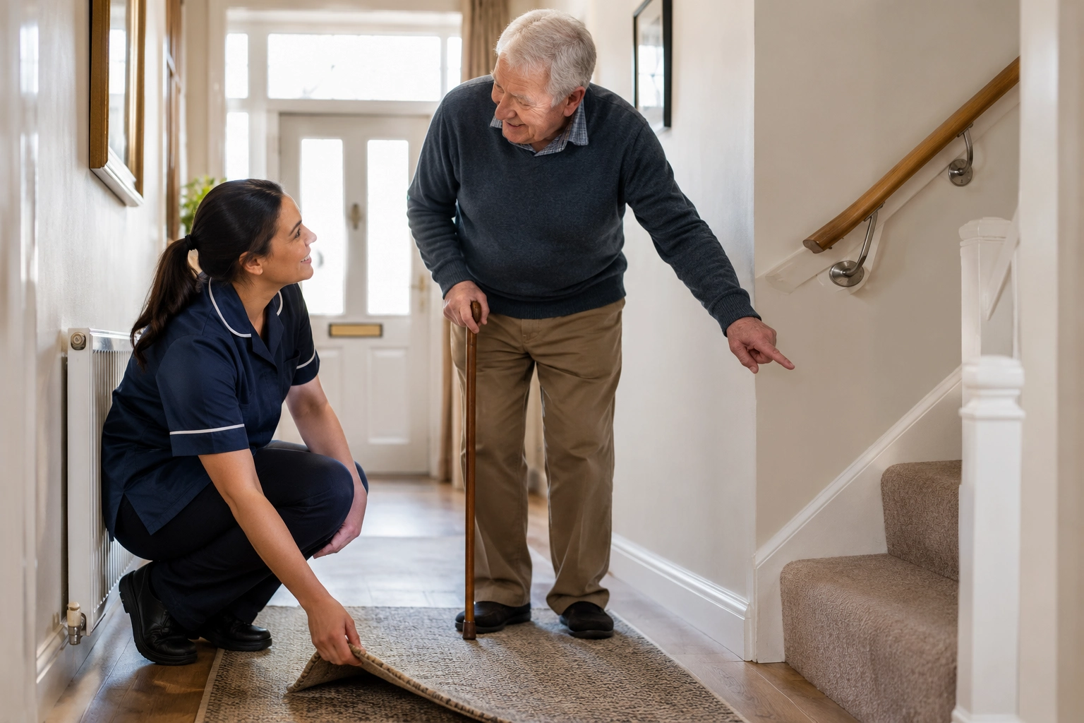 Carer and an older man checking a hallway rug and stair rail together as part of a home risk assessment personalised home care plan