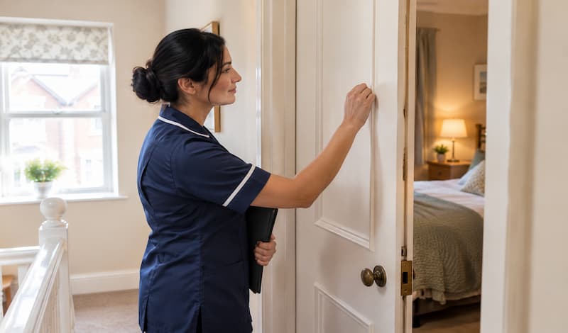 Carer knocking gently on a bedroom door and waiting for permission, showing respect before personal care at homeMaintaining Dignity During Personal Care