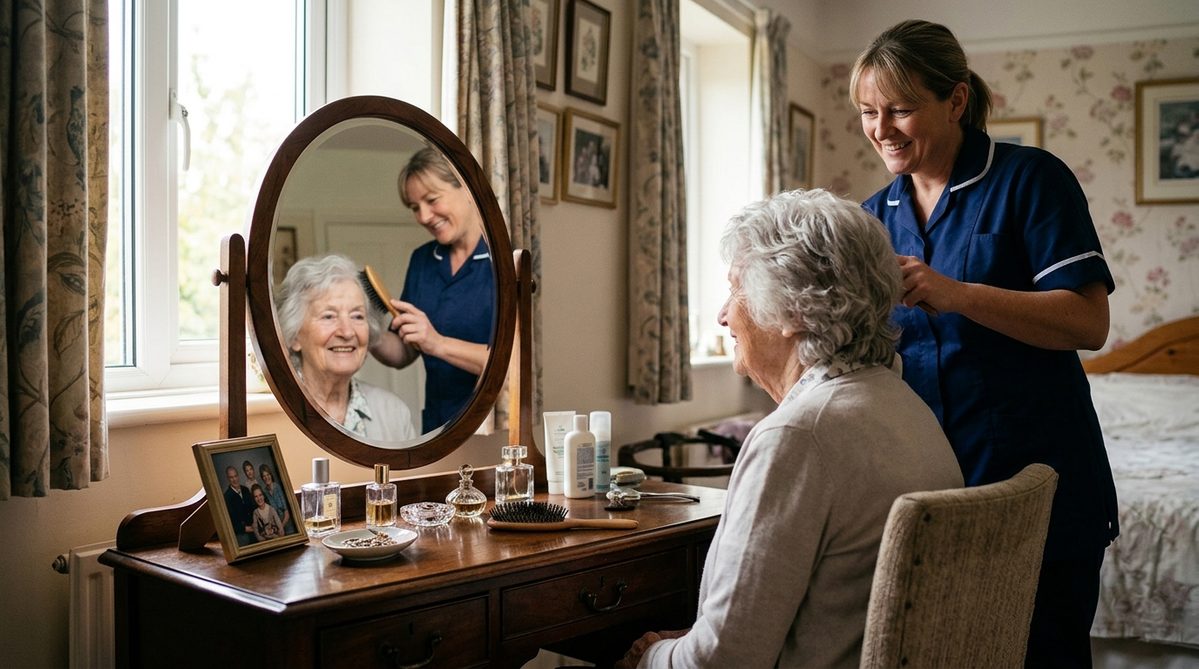Carer gently brushing an older woman’s hair at a dressing table mirror, showing grooming assistance and hair care at home