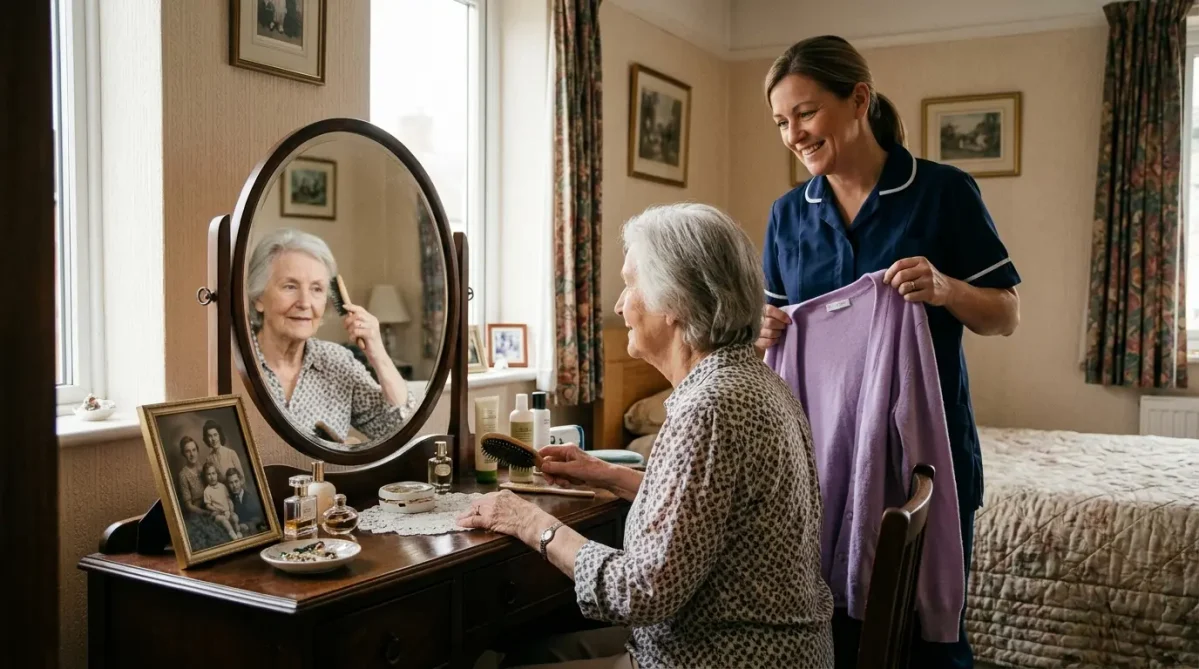 Older woman brushing her own hair at a dressing table while a carer smiles beside her, helping preserve self esteem at home