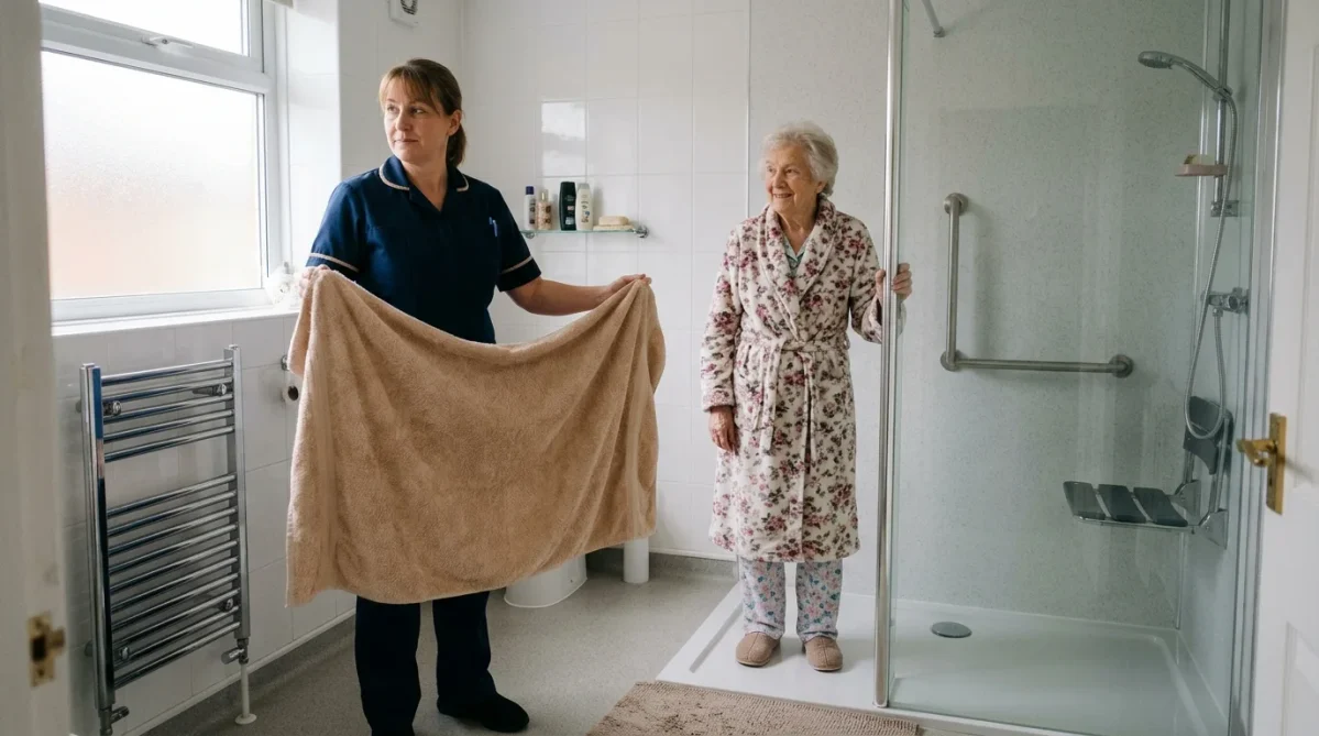 Carer holding out a towel and looking away politely as an older woman in a dressing gown holds a shower rail, protecting privacy during personal care