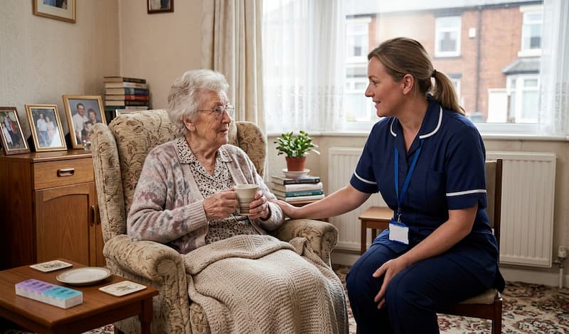 A professional carer supporting an elderly woman at home in Bradford