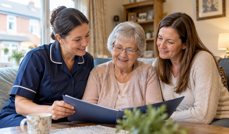 Carer and family reviewing a personalised home care plan for an elderly woman at home in Leeds