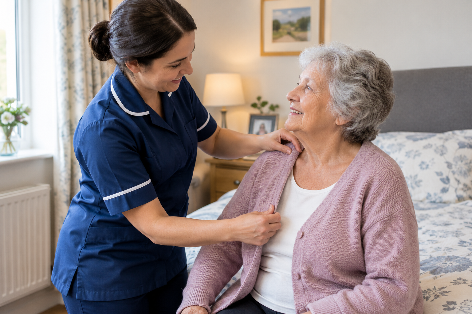 Carer and older man talking through the day’s routine together in his living room at the start of a personal care visit