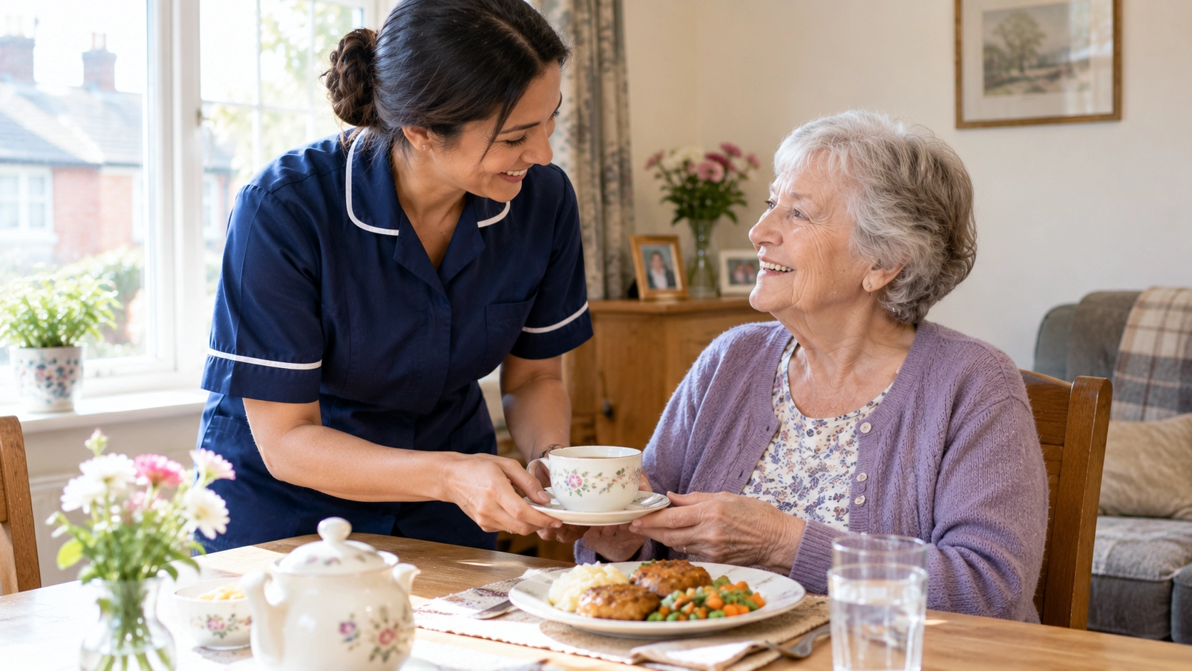 Elderly woman receiving support from a carer with daily activities at home