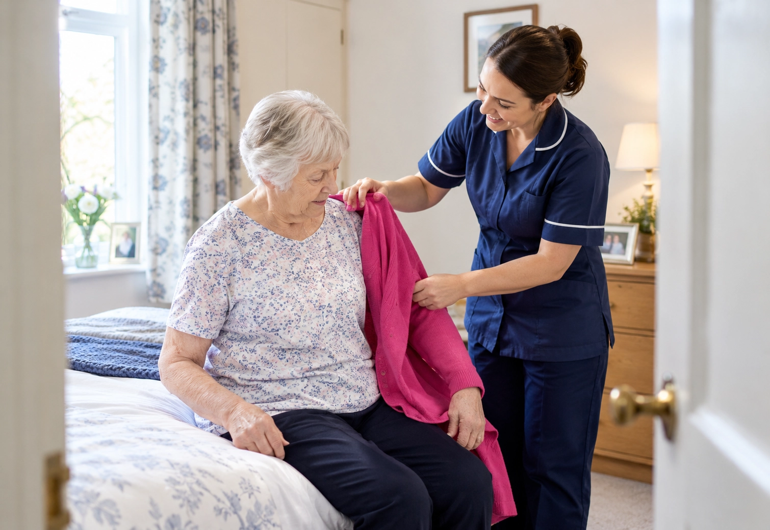 Professional carer helping an older woman with dressing during dementia care at home
