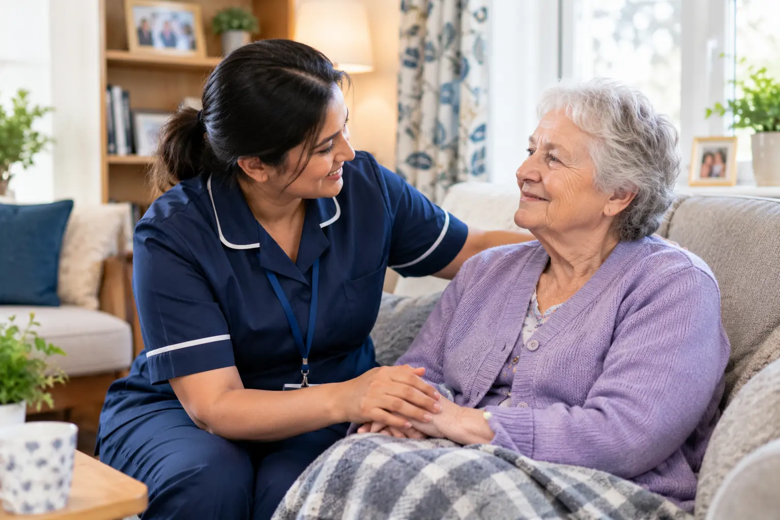 Elderly woman receiving emotional support and Companionship Care Helps from a professional home care assistant