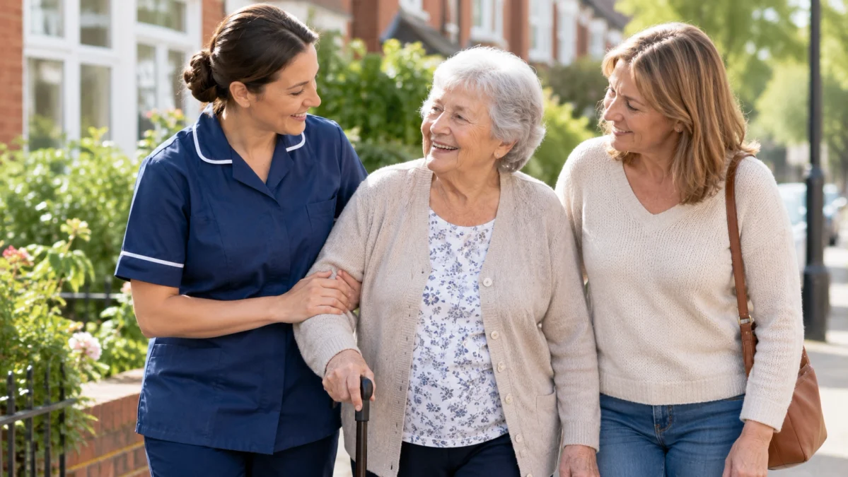 Elderly woman walking outdoors with support from a professional home carer and companion in Bradford, UK.