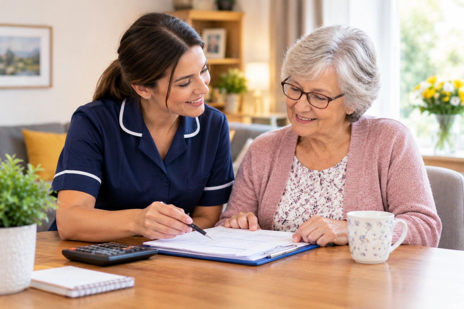Care coordinator talking with an older woman and her daughter during a care needs assessment in a UK living room