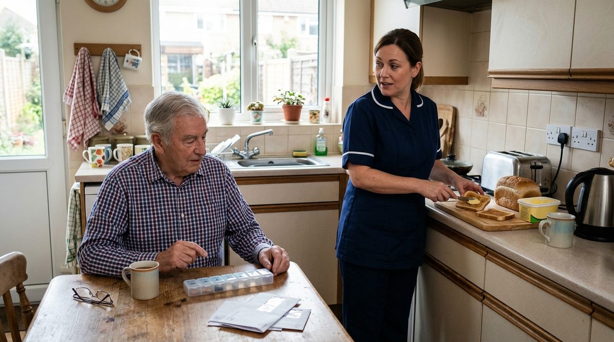 Carer preparing breakfast while an older man checks his weekly pill organiser at the kitchen table