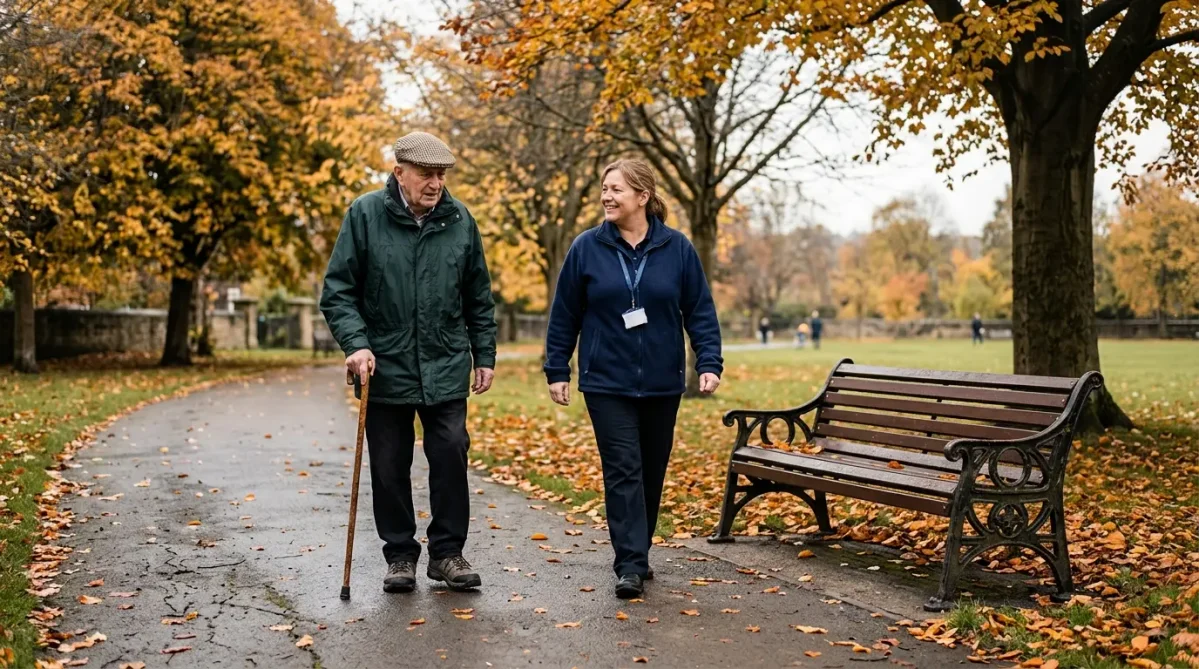 Carer walking with an older man along a park path, supporting walking and outings and social interaction