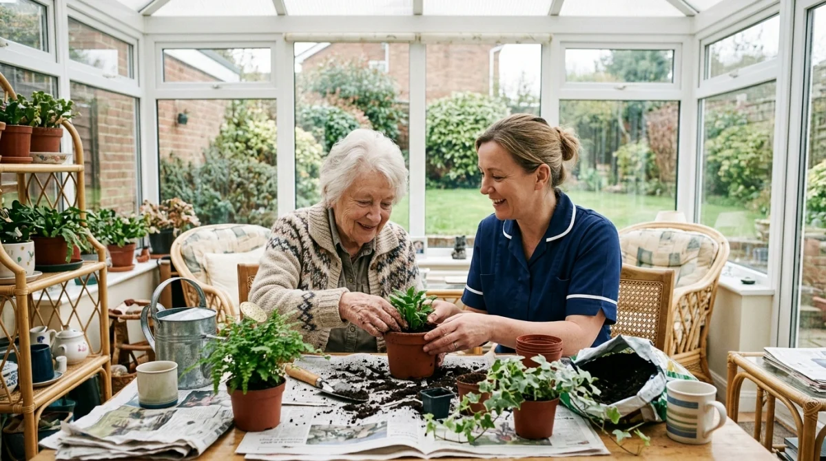 Carer and older woman repotting plants together in a conservatory during a private home care visit