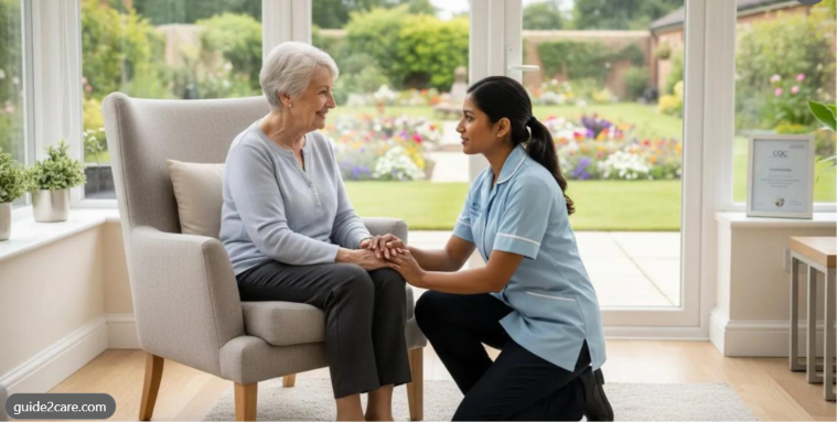 Professional carer supporting an older woman living with dementia at home in Leeds.