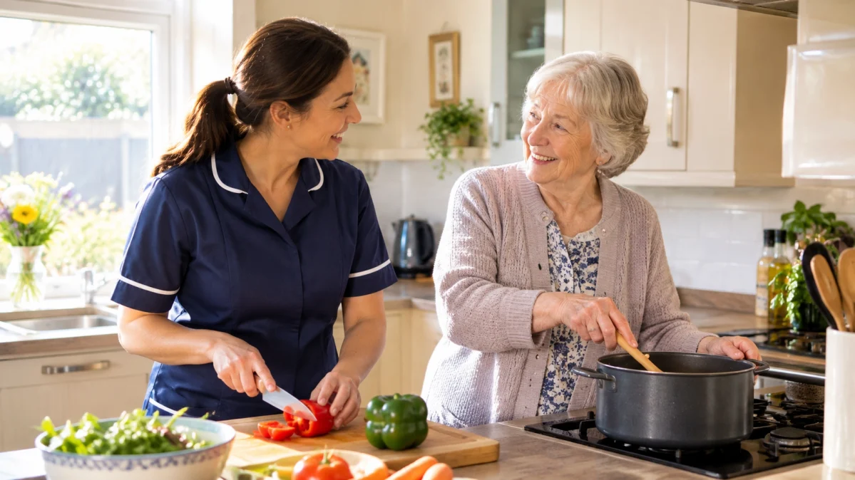 Older woman and care preparing a meal together in her kitchen during a domiciliary care visit